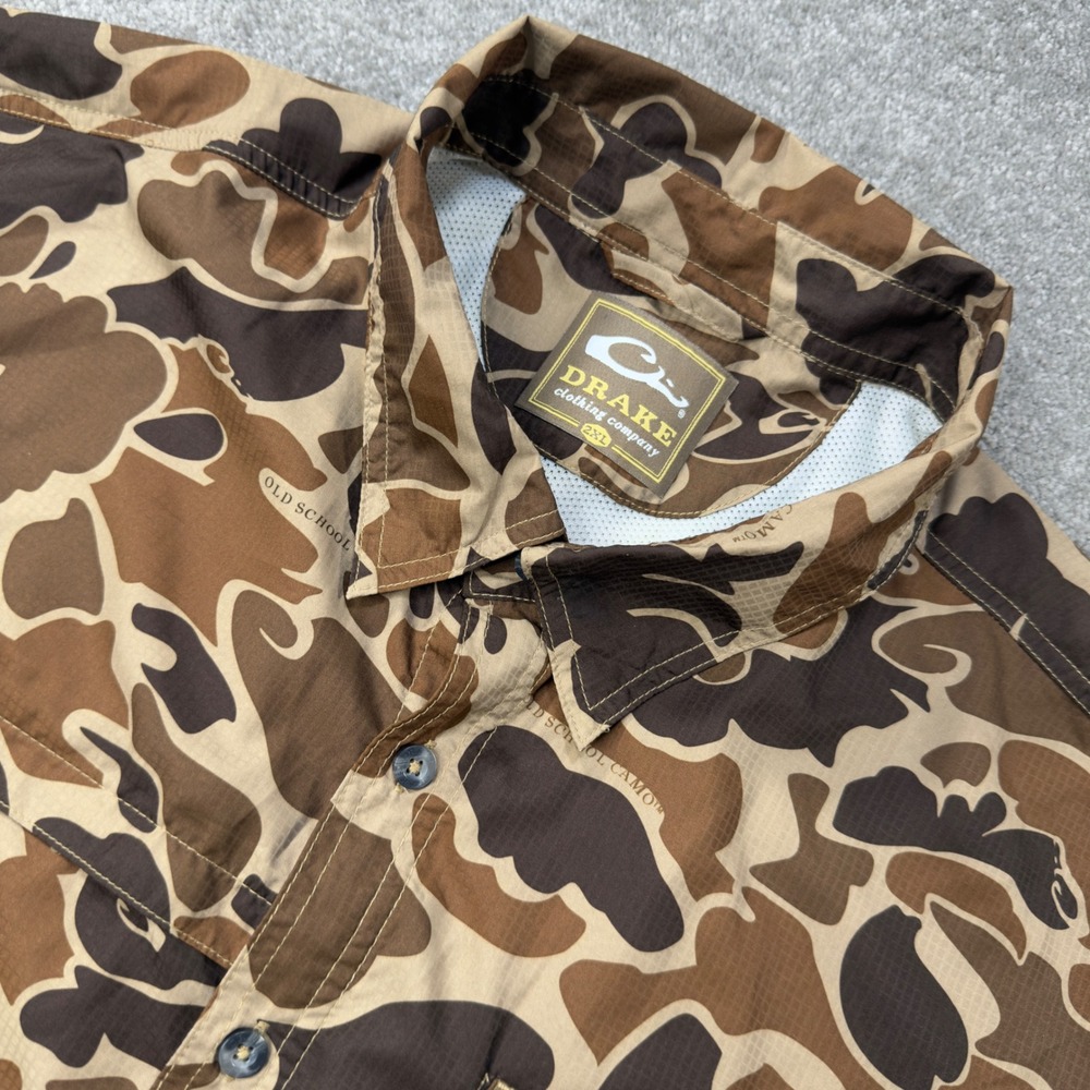 Drake Waterfowl Shirt Mens 2XL Brown Old School Camo Hunting AD9500